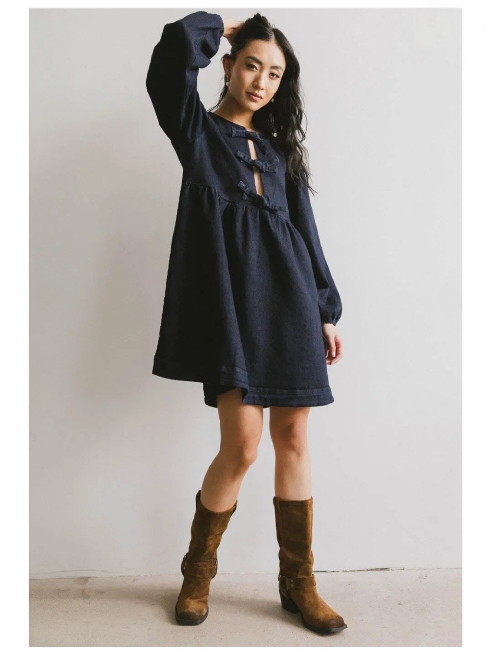Bohme Tyler Peplum Mini Dress Babydoll Dark Denim Women's Medium Bohemian Preppy